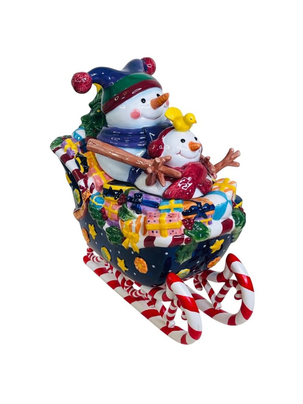 Vintage Snowman Sleigh Cookie Jar Hand Painted Ceramic Holiday Decor in Box 13"